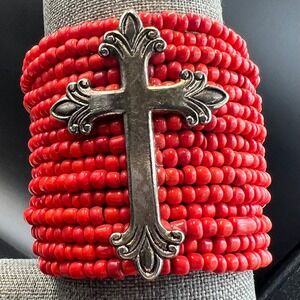 Bamboo Coral Cross Cuff Bracelet OS Red Excellent